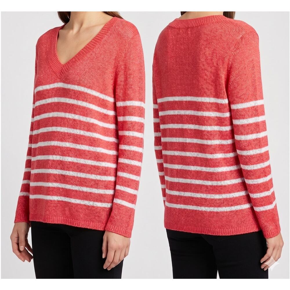 Fashion Avenue Womens Medium V Neck Coral Orange Pink Striped Sweater